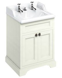 Freestanding 650 vanity unit with doors & classic 650 basin for integrated waste & overflow 2 Tap Holes Sand
