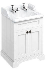 Freestanding 65 Vanity Unit with Doors & Classic Invisible Overflow Basin 2 Tap Holes matt white