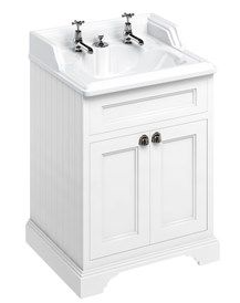 Freestanding 650 vanity unit with doors & classic 650 basin for integrated waste & overflow 2 Tap Holes Matt White