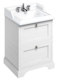 Freestanding 65 Unit with 2 drawers and Classic Basin Matt White with 3 tap hole Basin 