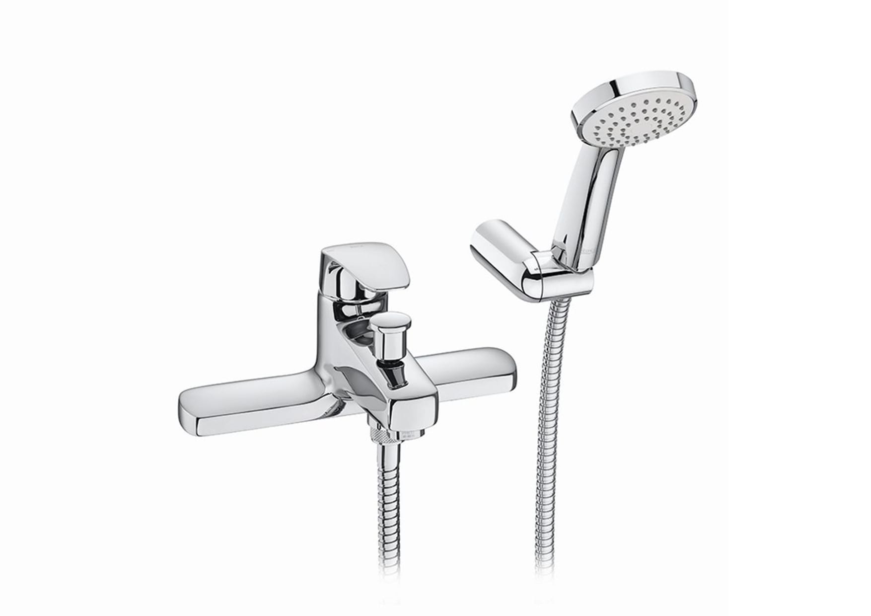 Deck-mounted bath-shower mixer with 1.7m flexible shower hose, handset and wall bracket