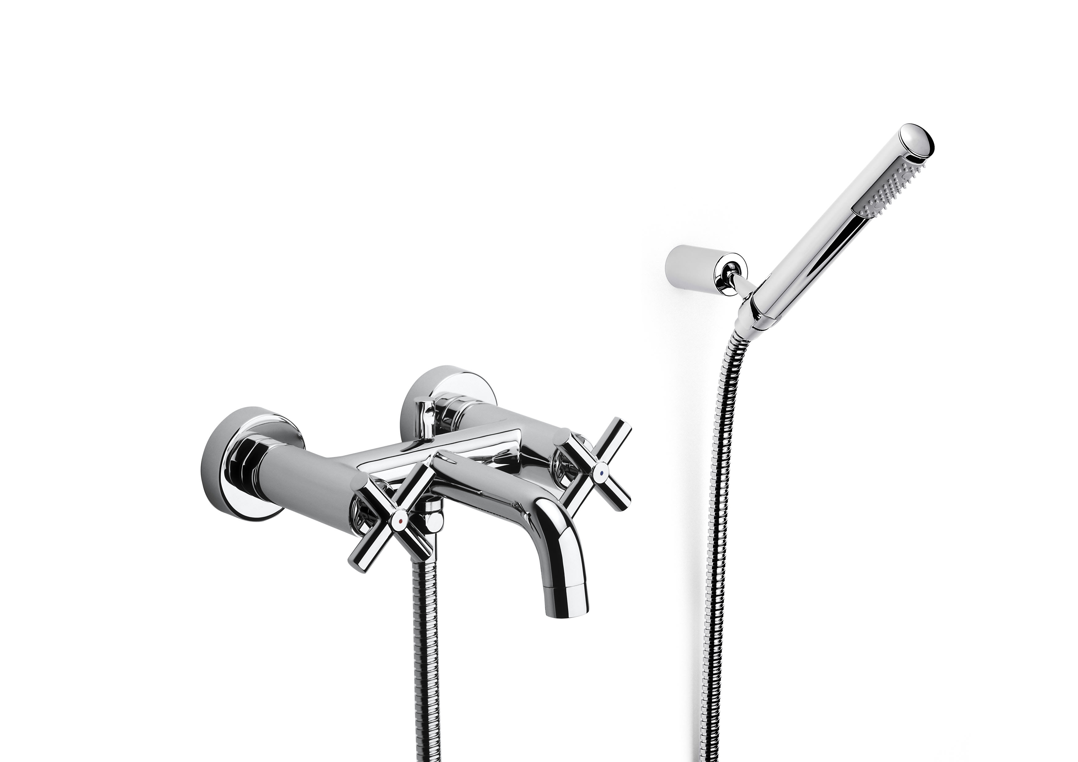 Wall-mounted bath-shower mixer with automatic diverter with retention, 1.75 m flexible shower hose, handshower and swivel wall bracket