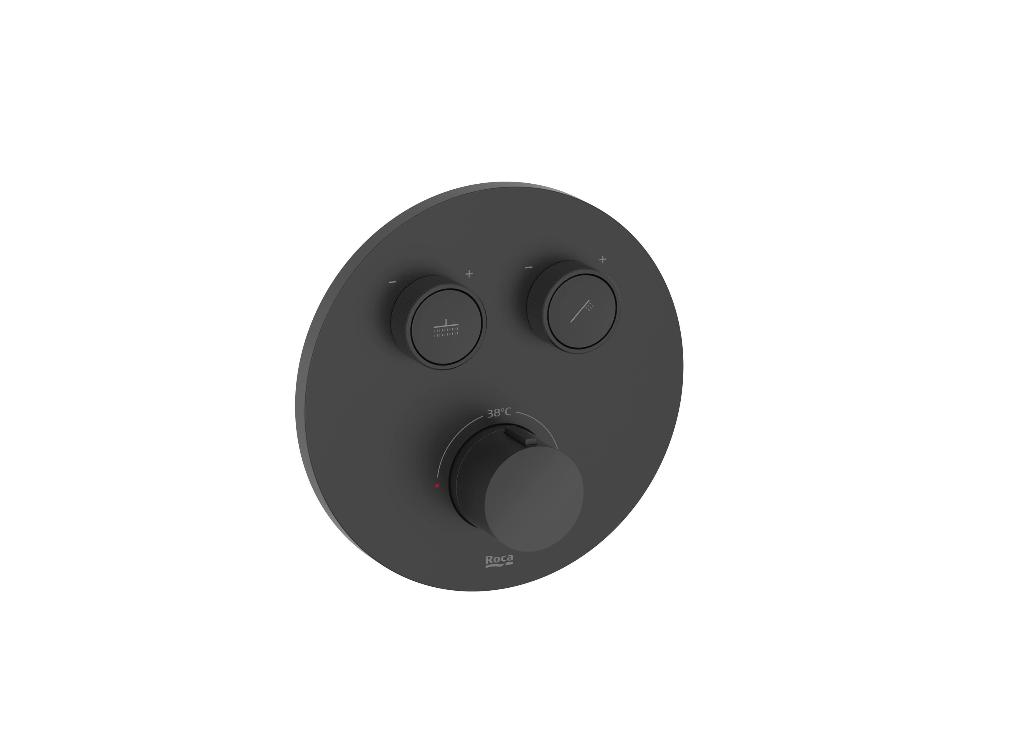 Round. Built-in thermostatic bath-shower mixer with automatic diverter (2 ways). Includes the built-in subset and the trim plate. Complete set - Matt Black