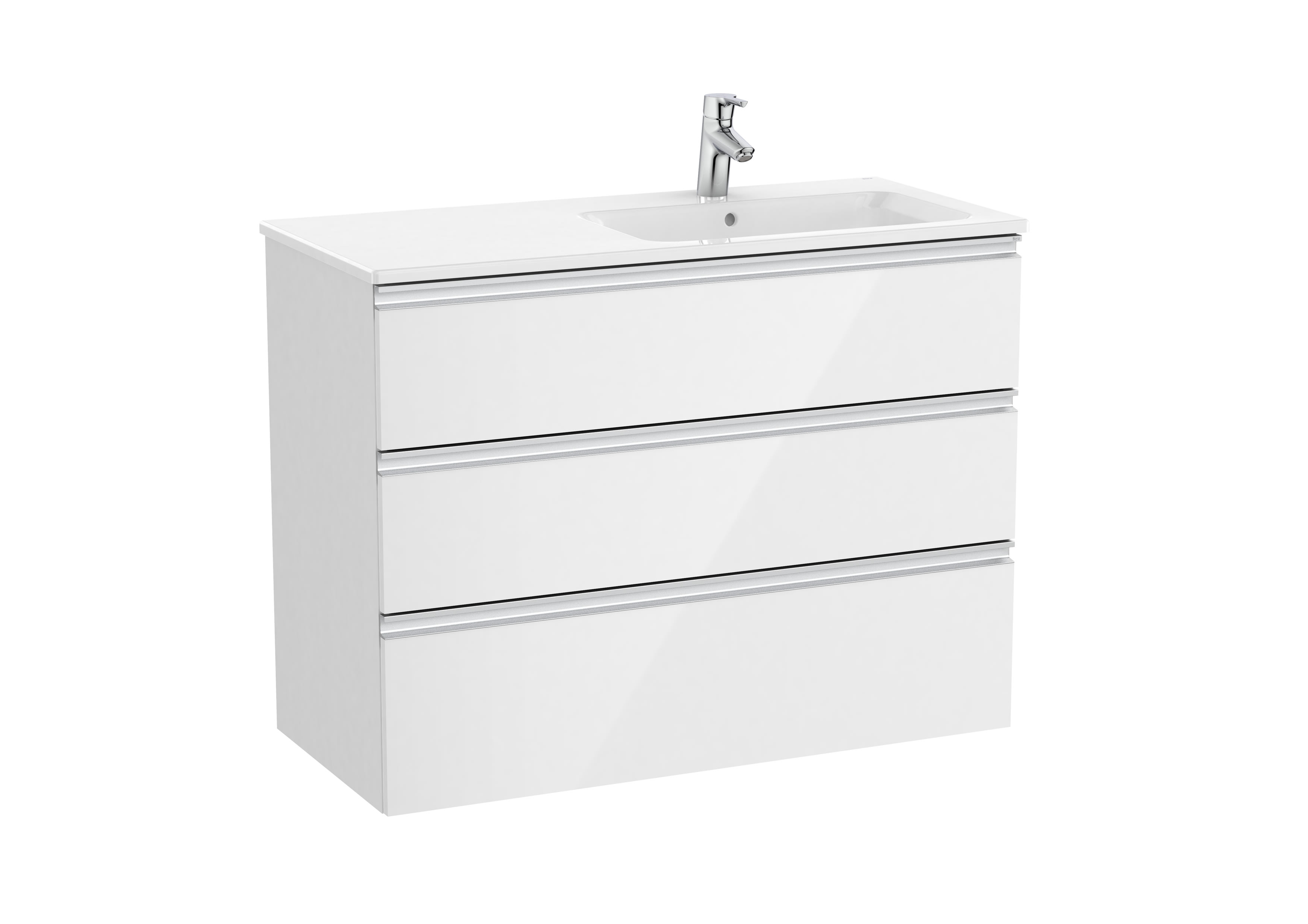 Vanity unit with 3 drawers and right hand basin - Glossy White