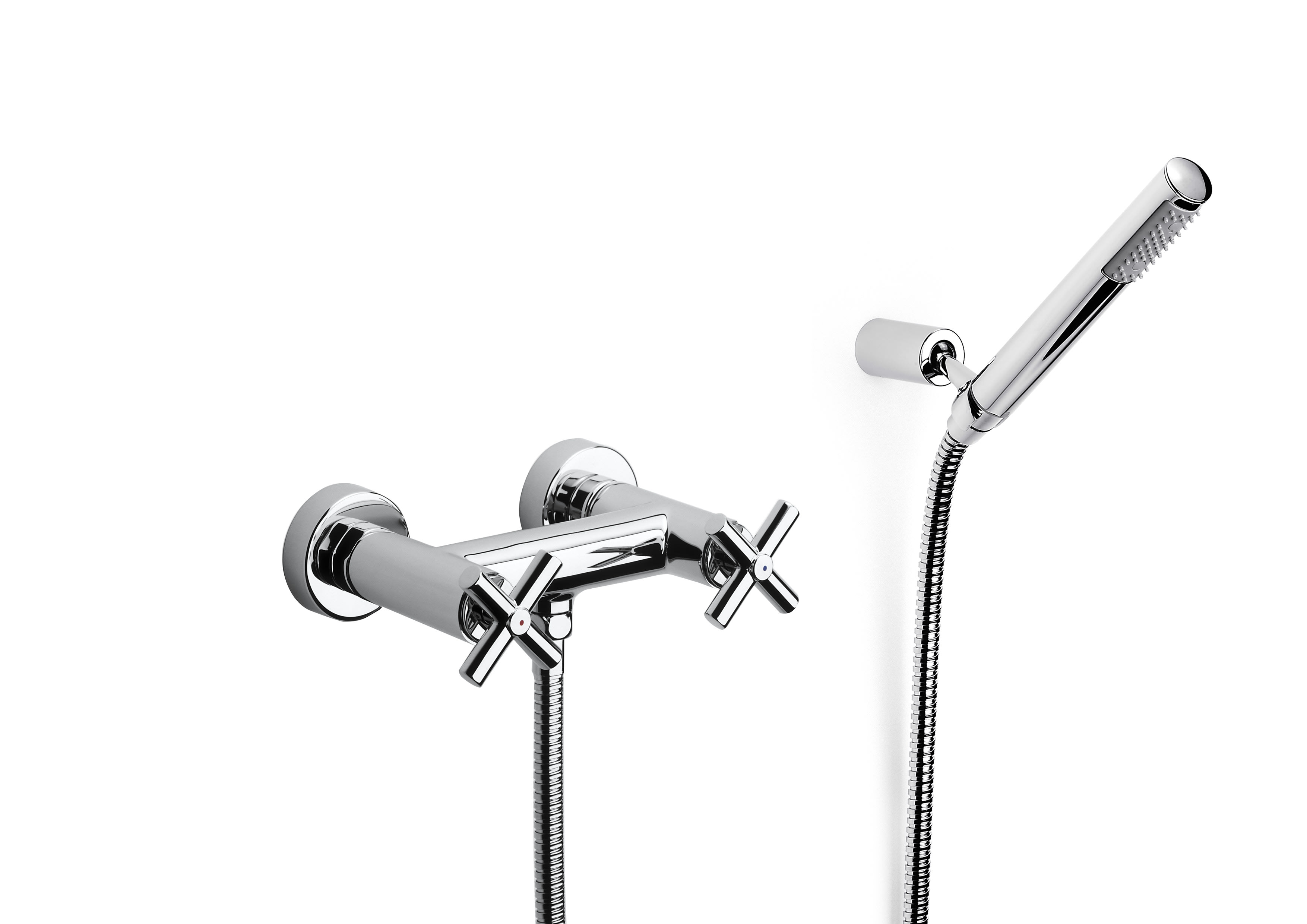 Wall-mounted shower mixer with 1.50 m flexible shower hose and swivel wall bracket