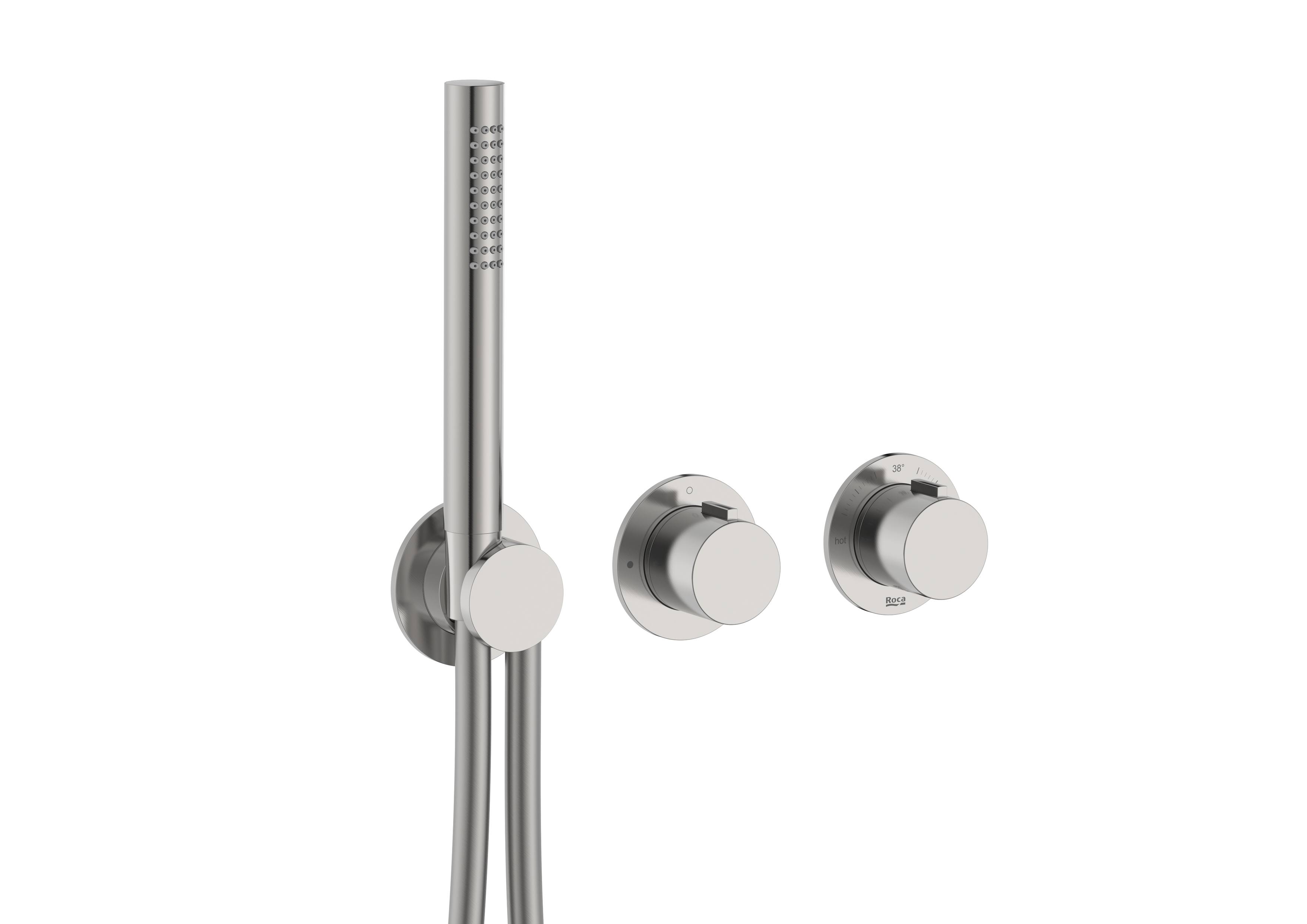 Built-in thermostatic shower mixer (2 ways) with stick hand-shower, swivel wall bracket and 1.70 m PVC shower flexible hose - Stainless Steel Finish