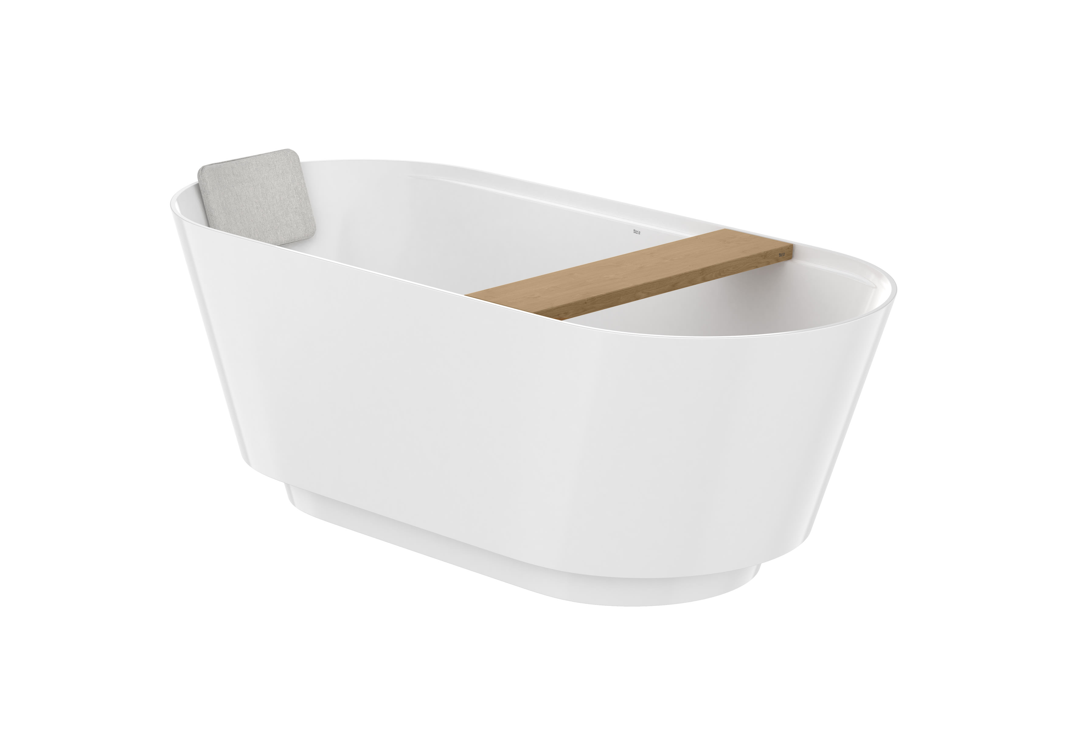 Stonex® oval freestanding bath with click-clack waste, trap and integrated overflow and wooden tray