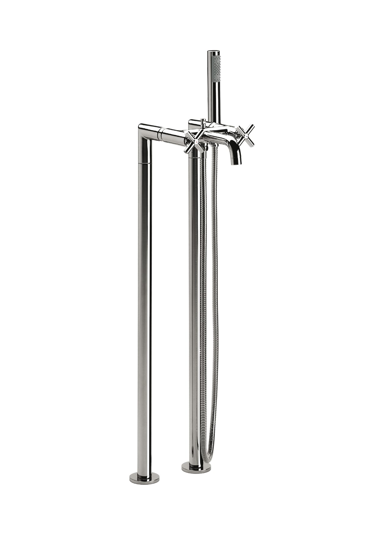 Floorstanding bath-shower mixer with automatic diverter with retention, 1.75 m flexible shower hose, handshower and floor pillar leg