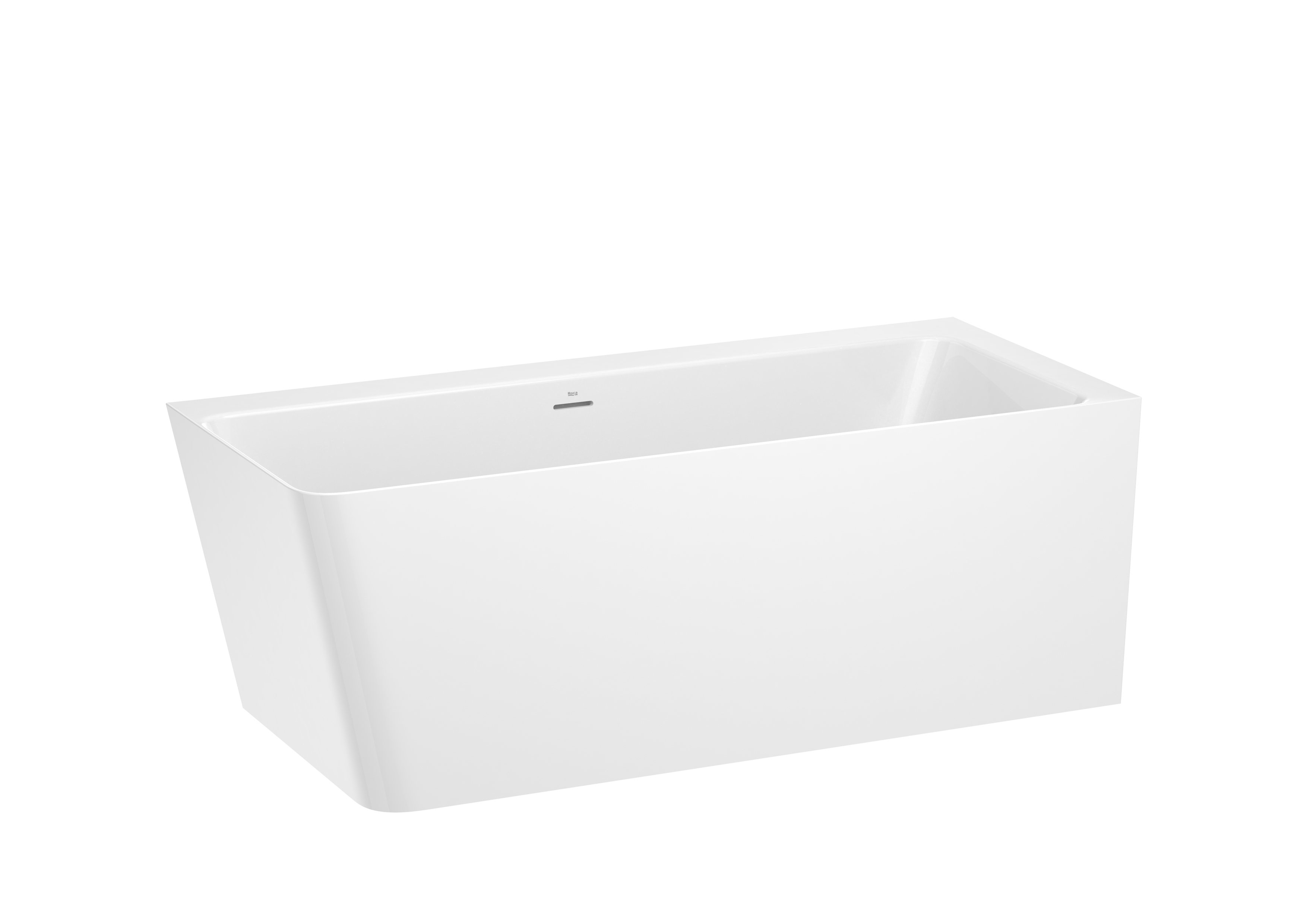 Asymmetric right corner Stonex® bathtub with panels. Includes click-clack drain