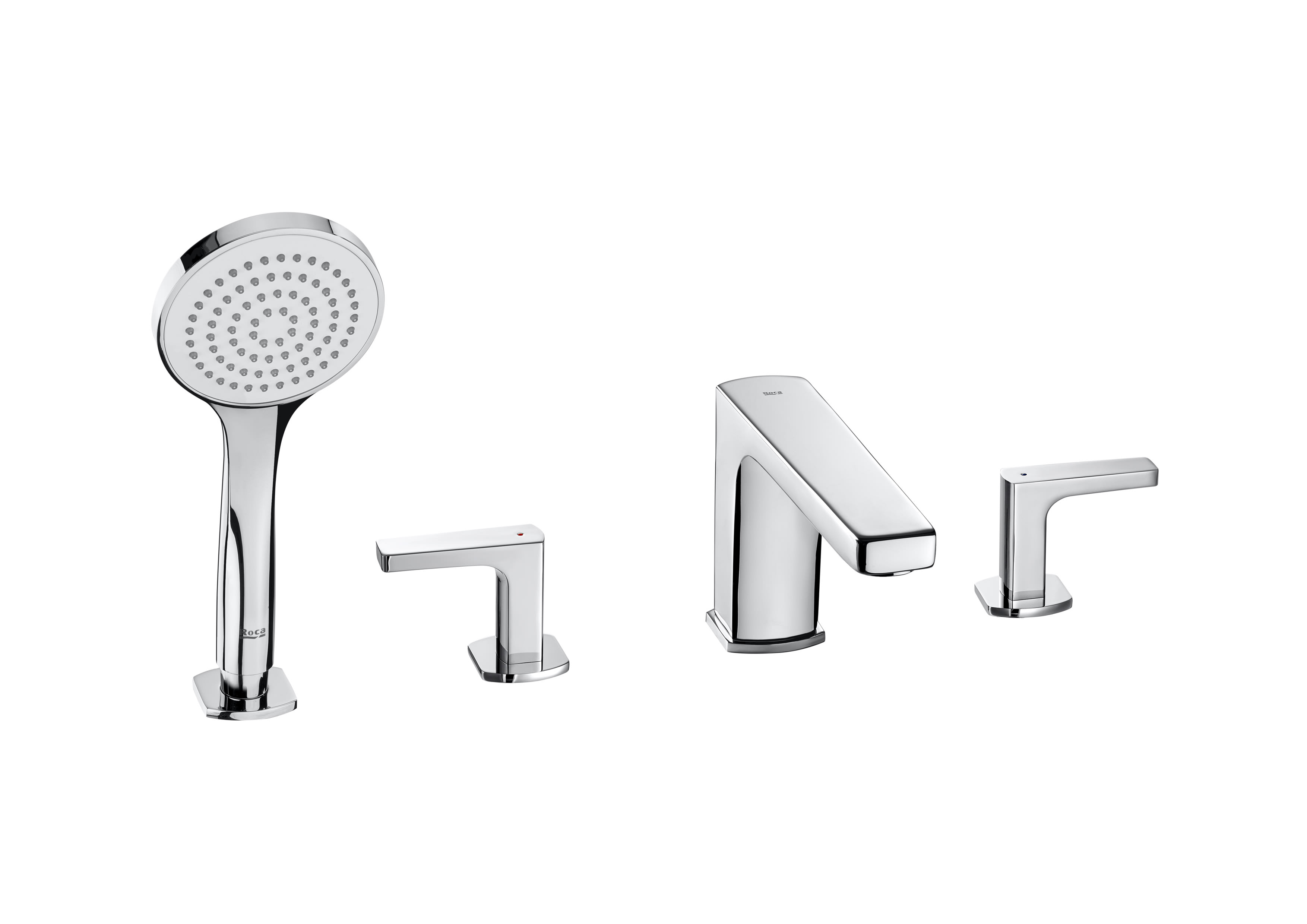 Deck-mounted bath-shower mixer with short spout, diverter and handshower