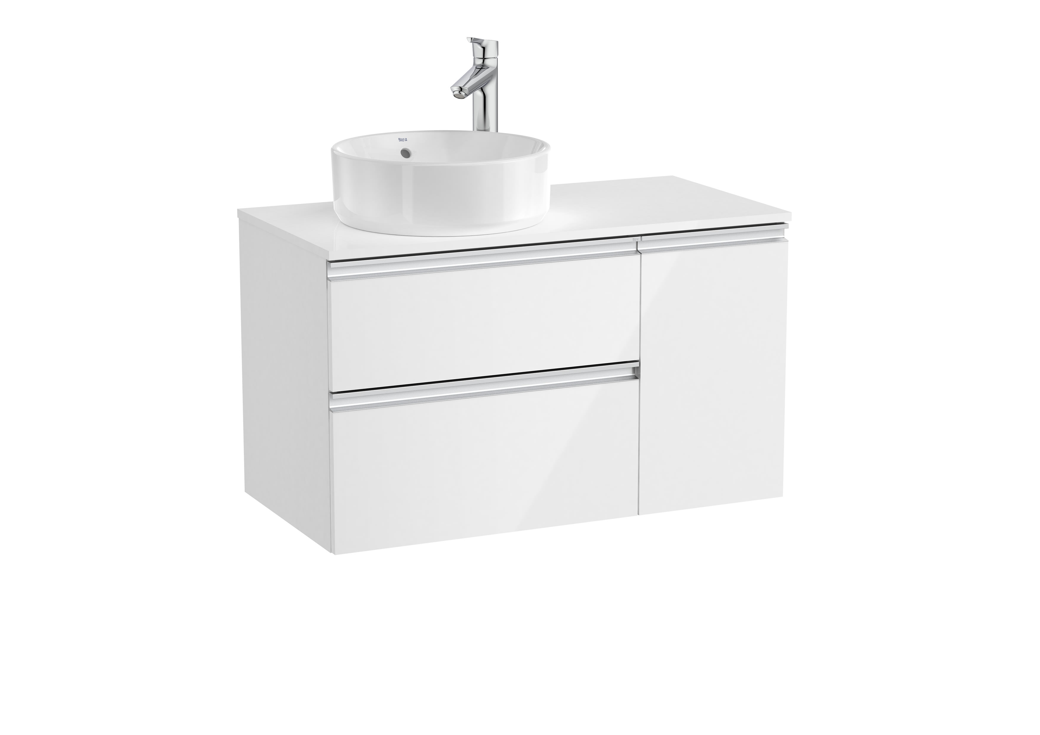 Left hand base unit with two drawers and one door for On Countertop basin - Glossy White
