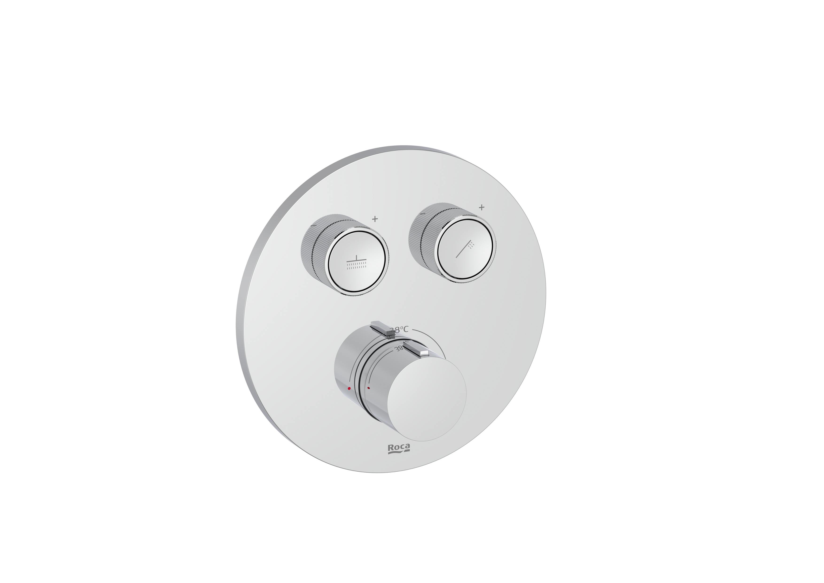 Round. Built-in thermostatic bath-shower mixer with automatic diverter (2 ways). Includes the built-in subset and the trim plate. Complete set - Chrome