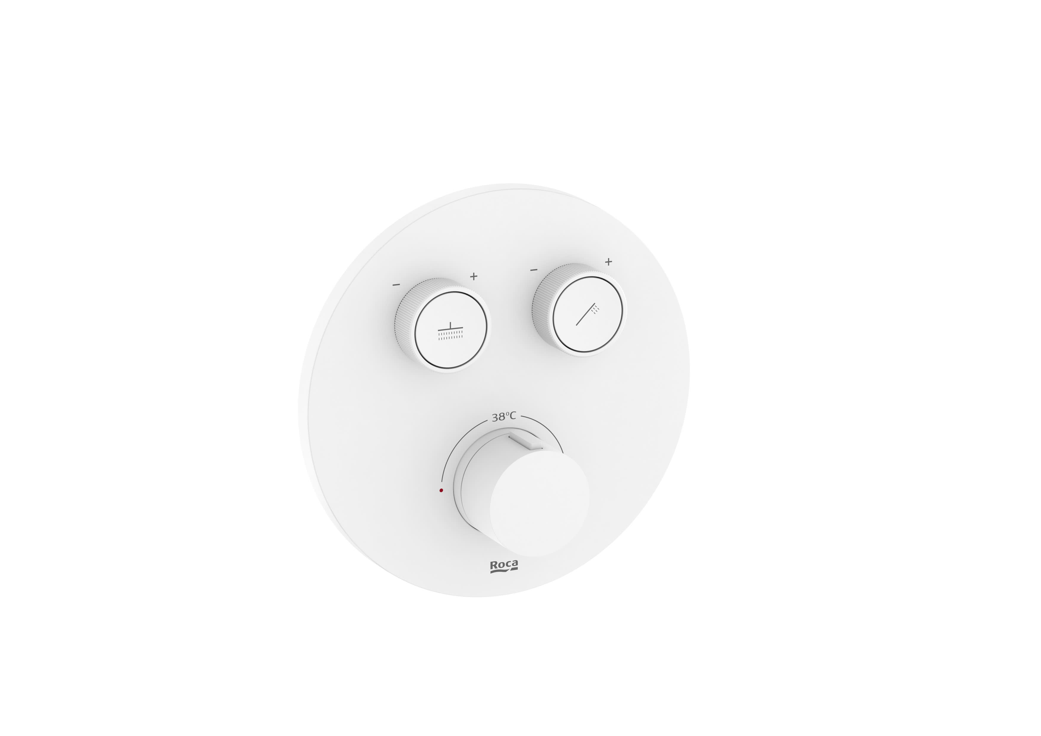 Round. Built-in thermostatic bath-shower mixer with automatic diverter (2 ways). Includes the built-in subset and the trim plate. Complete set - Matt White