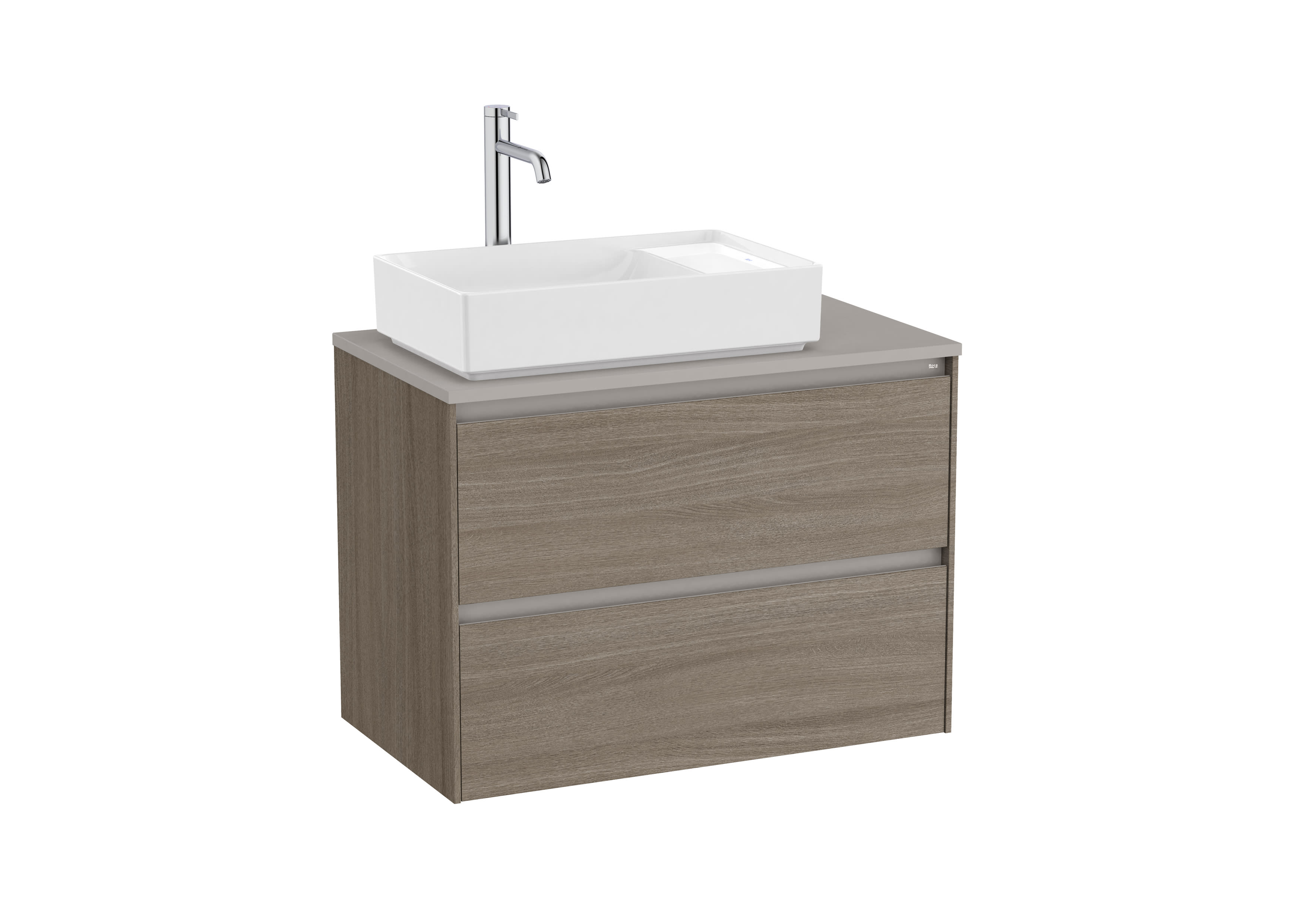 Base unit for over countertop left hand basin with two drawers - Dark Elm