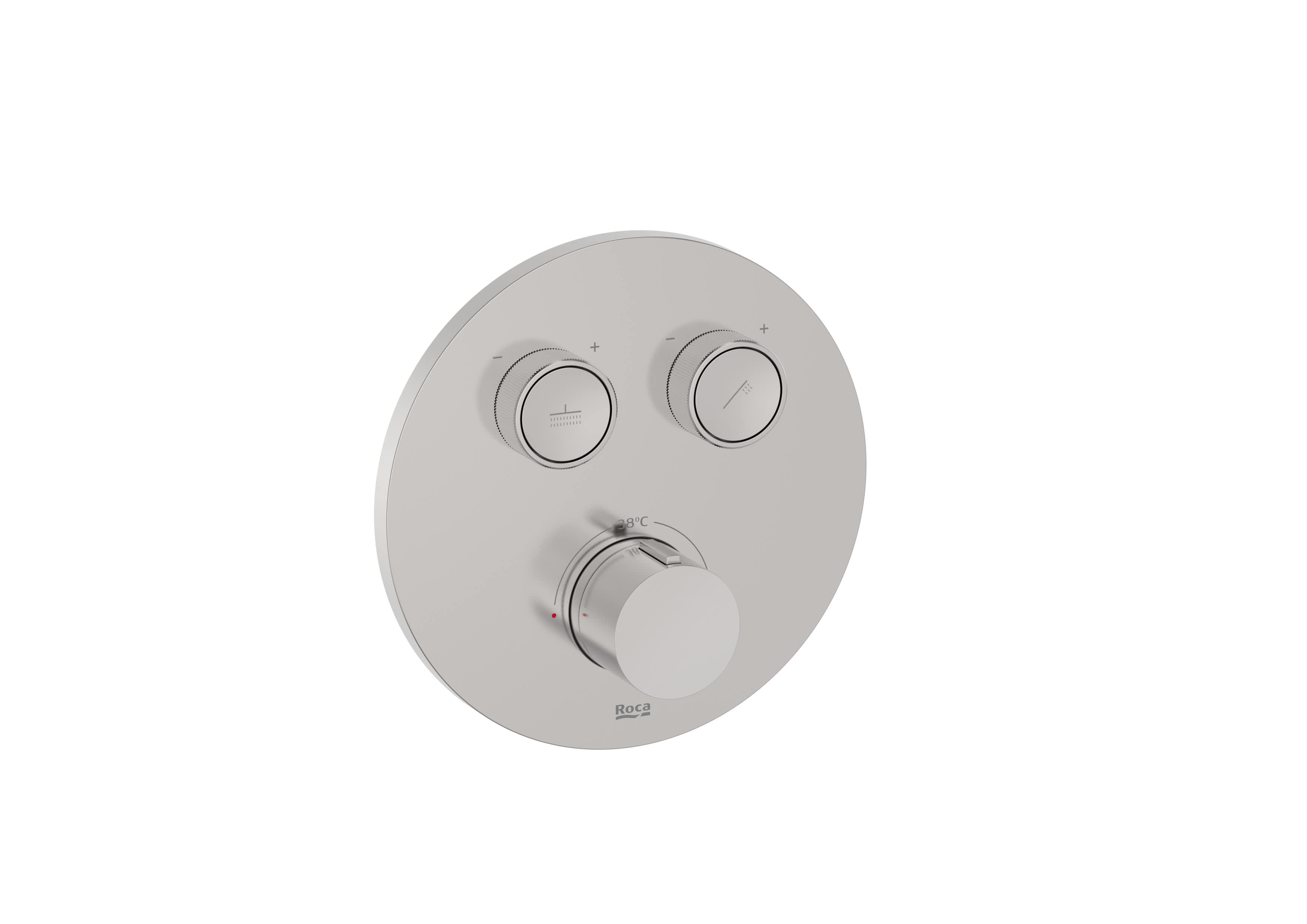 Round. Built-in thermostatic bath-shower mixer with automatic diverter (2 ways). Includes the built-in subset and the trim plate. Complete set - Stainless Steel Finish