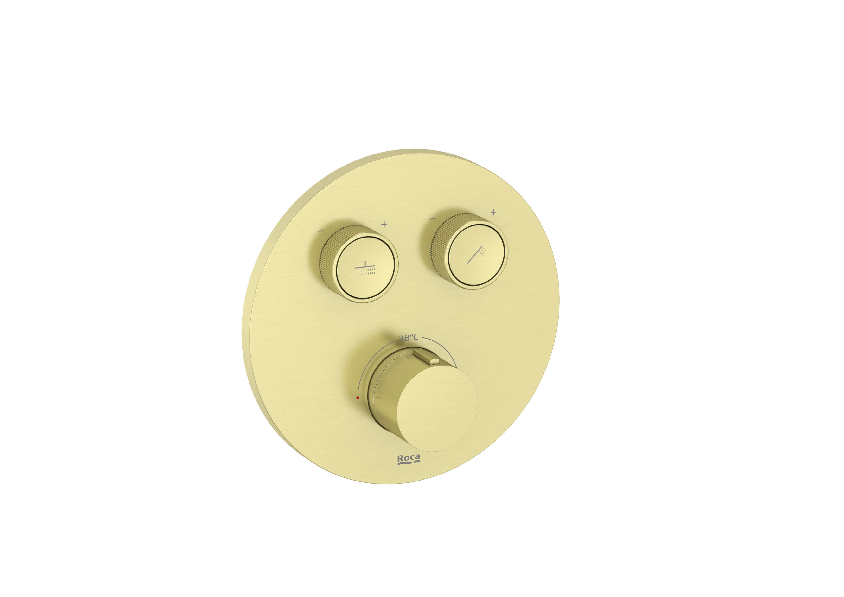 Round. Built-in thermostatic bath-shower mixer with automatic diverter (2 ways). Includes the built-in subset and the trim plate. Complete set - Brushed Brass