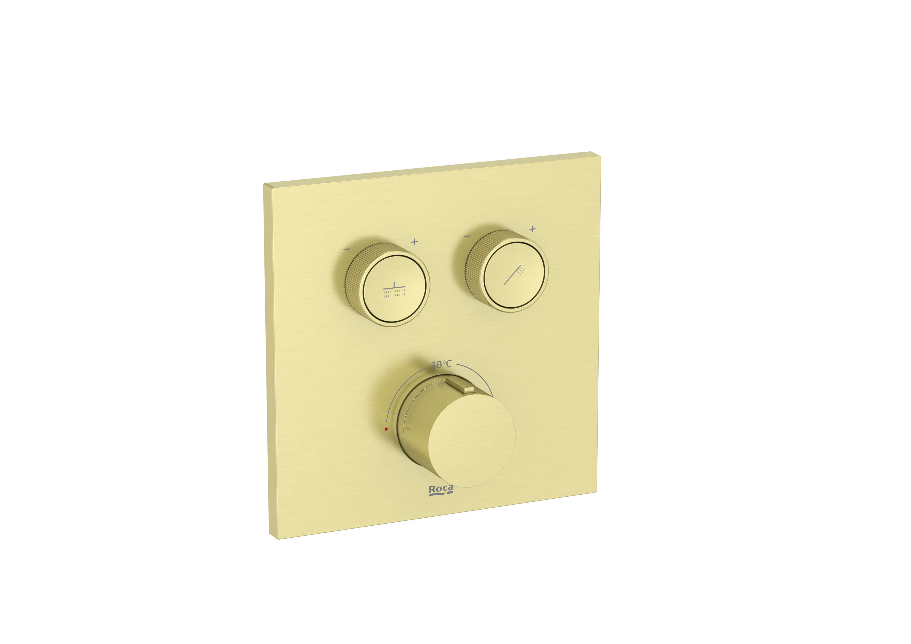 Square. Built-in thermostatic bath-shower mixer with automatic diverter (2 ways). Includes the built-in subset and the trim plate. Complete set - Brushed Brass