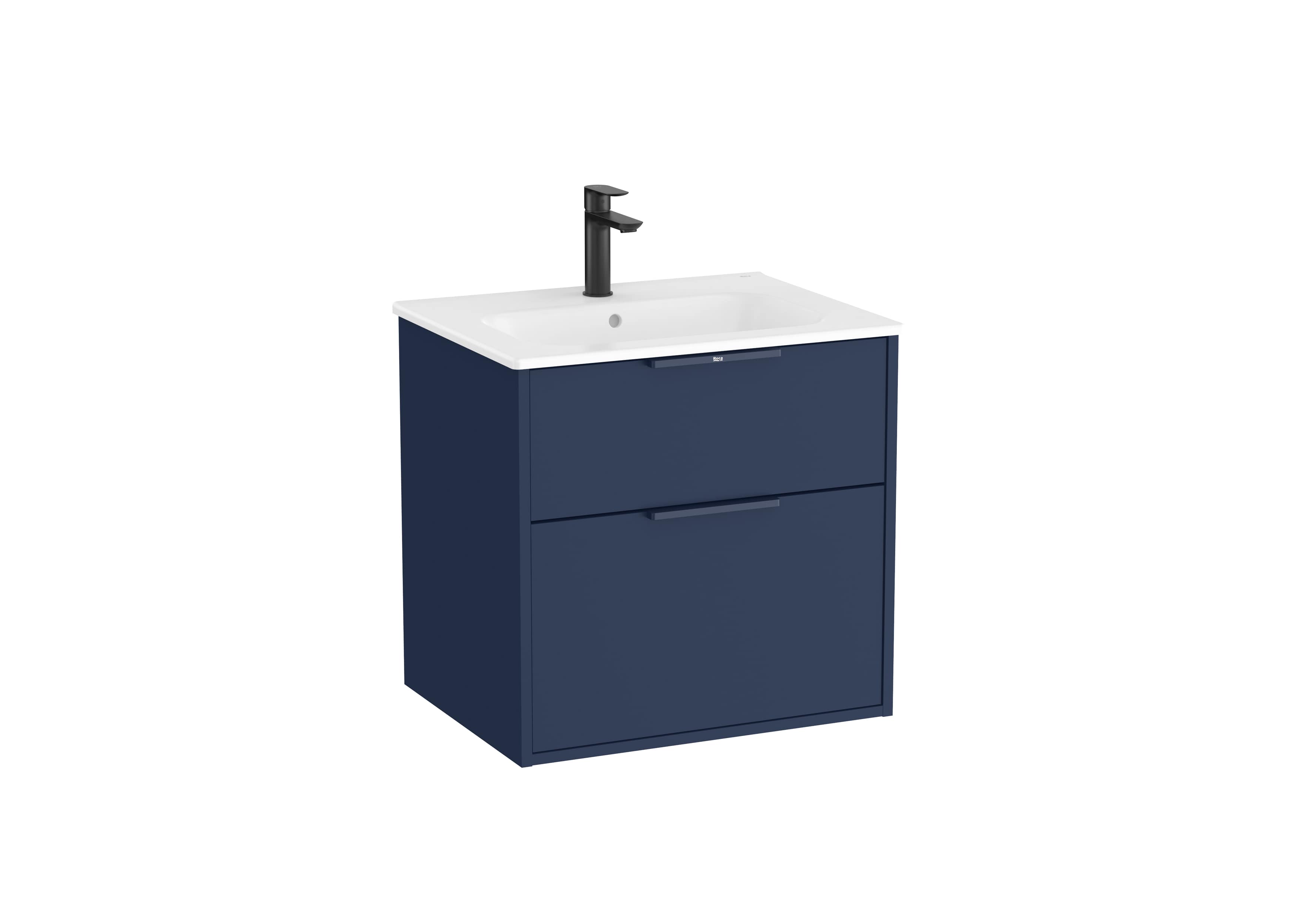 Wall Hung Vanity Unit with 2 Drawers and Ceramic Basin - Steel Blue
