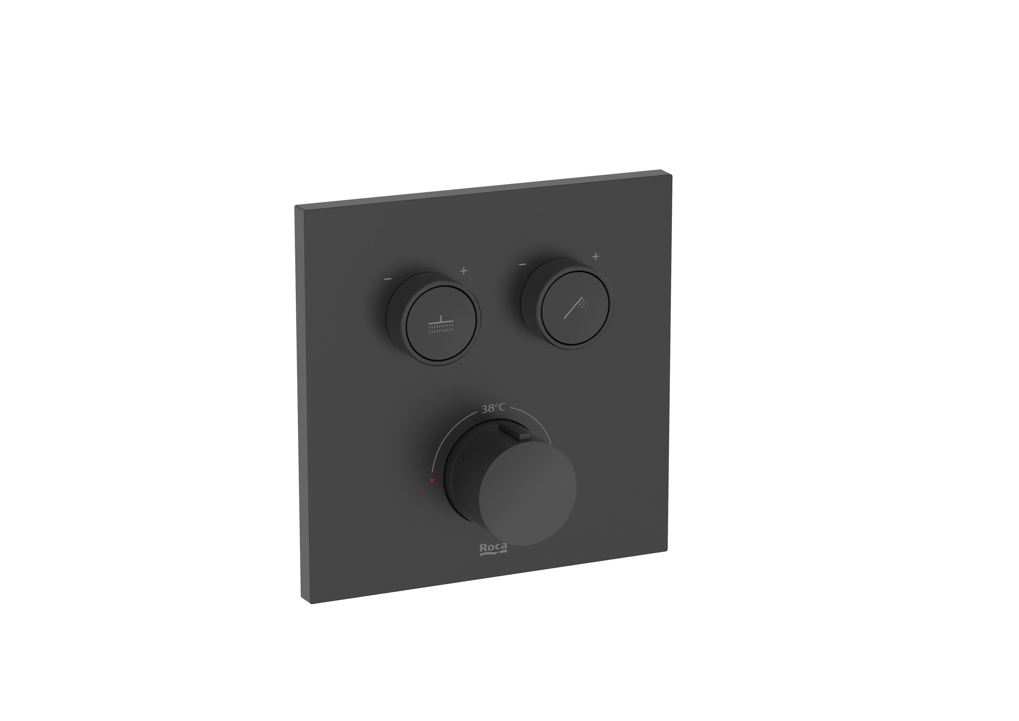 Square. Built-in thermostatic bath-shower mixer with automatic diverter (2 ways). Includes the built-in subset and the trim plate. Complete set - Matt Black