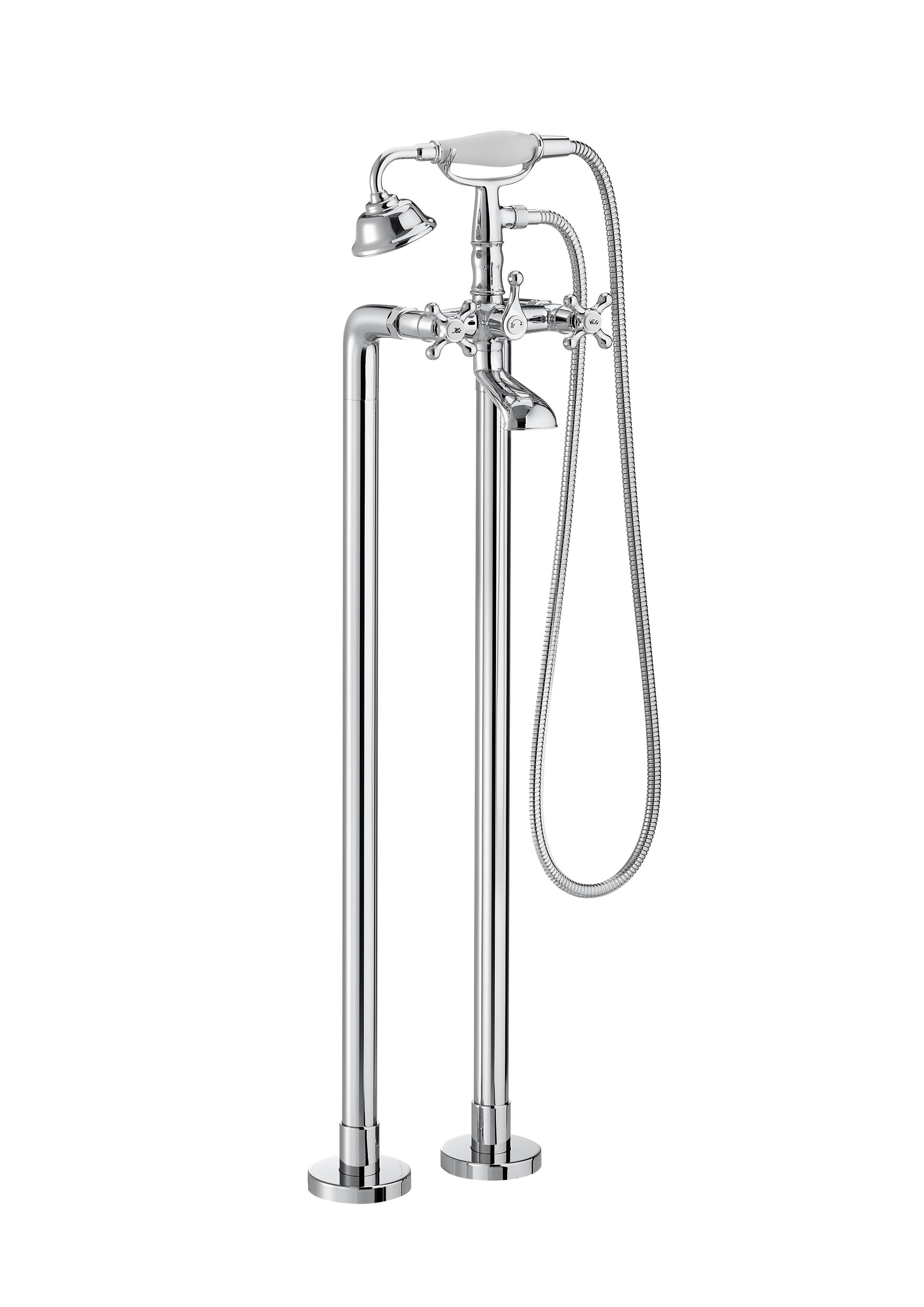 Floorstanding bath-shower mixer with manual diverter, handshower, 1.50 m flexible shower hose and floor pillar leg