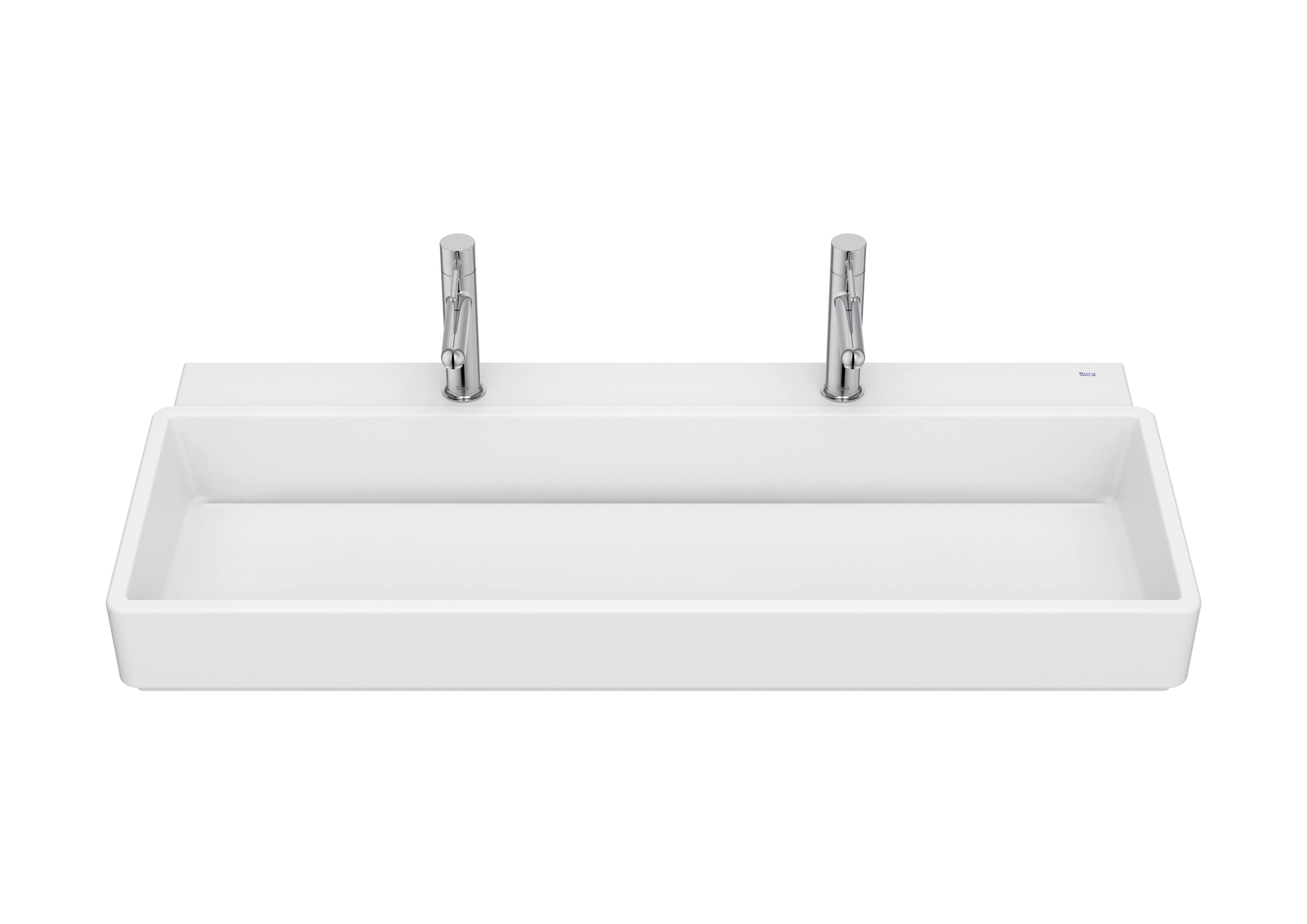 Wall-hung double basin in vitreous china with two tapholes (single bowl) - Matt White