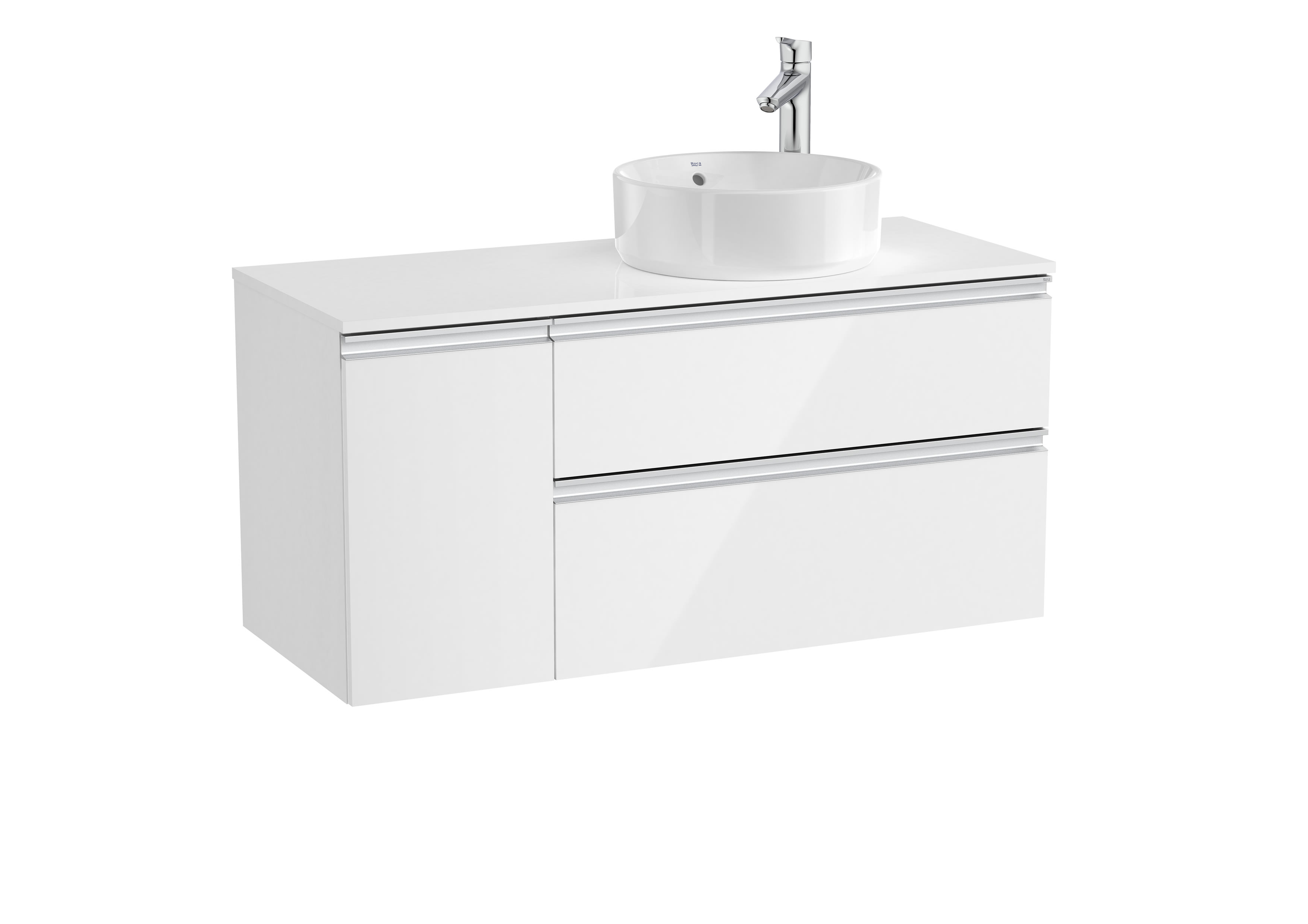 Vanity unit with 2 drawers and 1 door for right hand over countertop basin - Glossy White