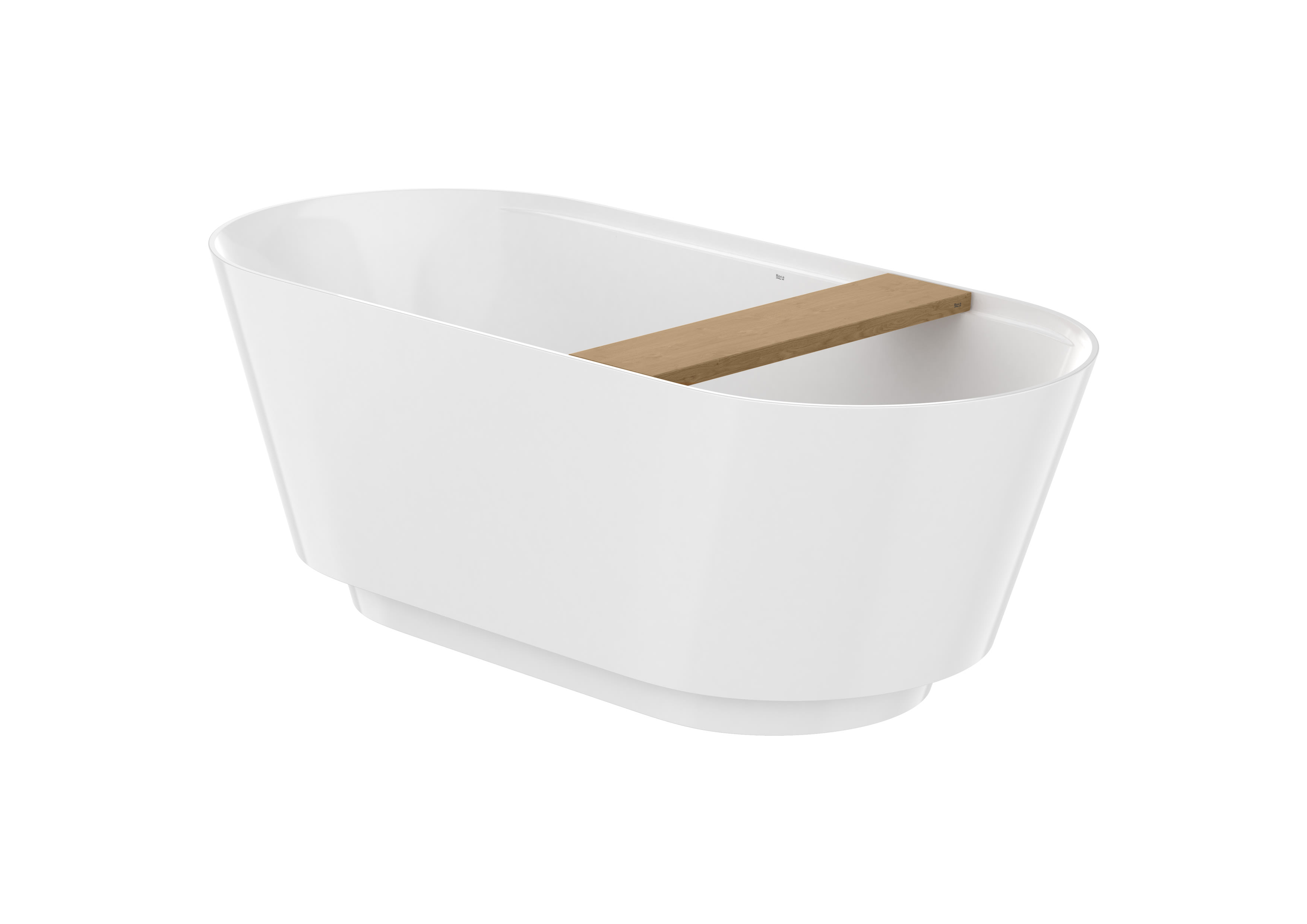 Stonex® oval freestanding bath with ambient LED light, click-clack waste, trap and integrated overflow and wooden tray