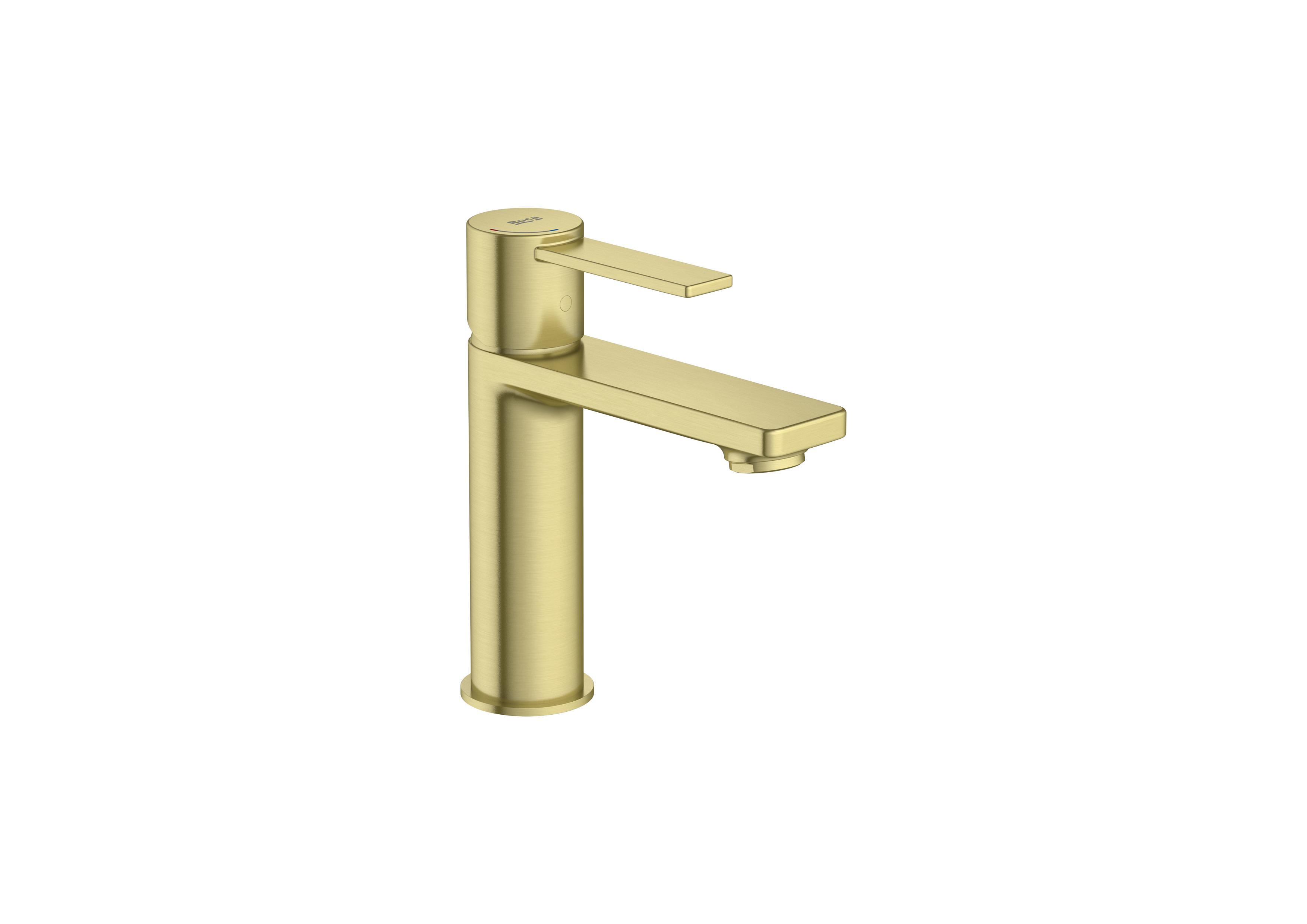 Basin mixer with smooth body and flexible supply hoses. Cold Start. S-Size - Brushed Brass