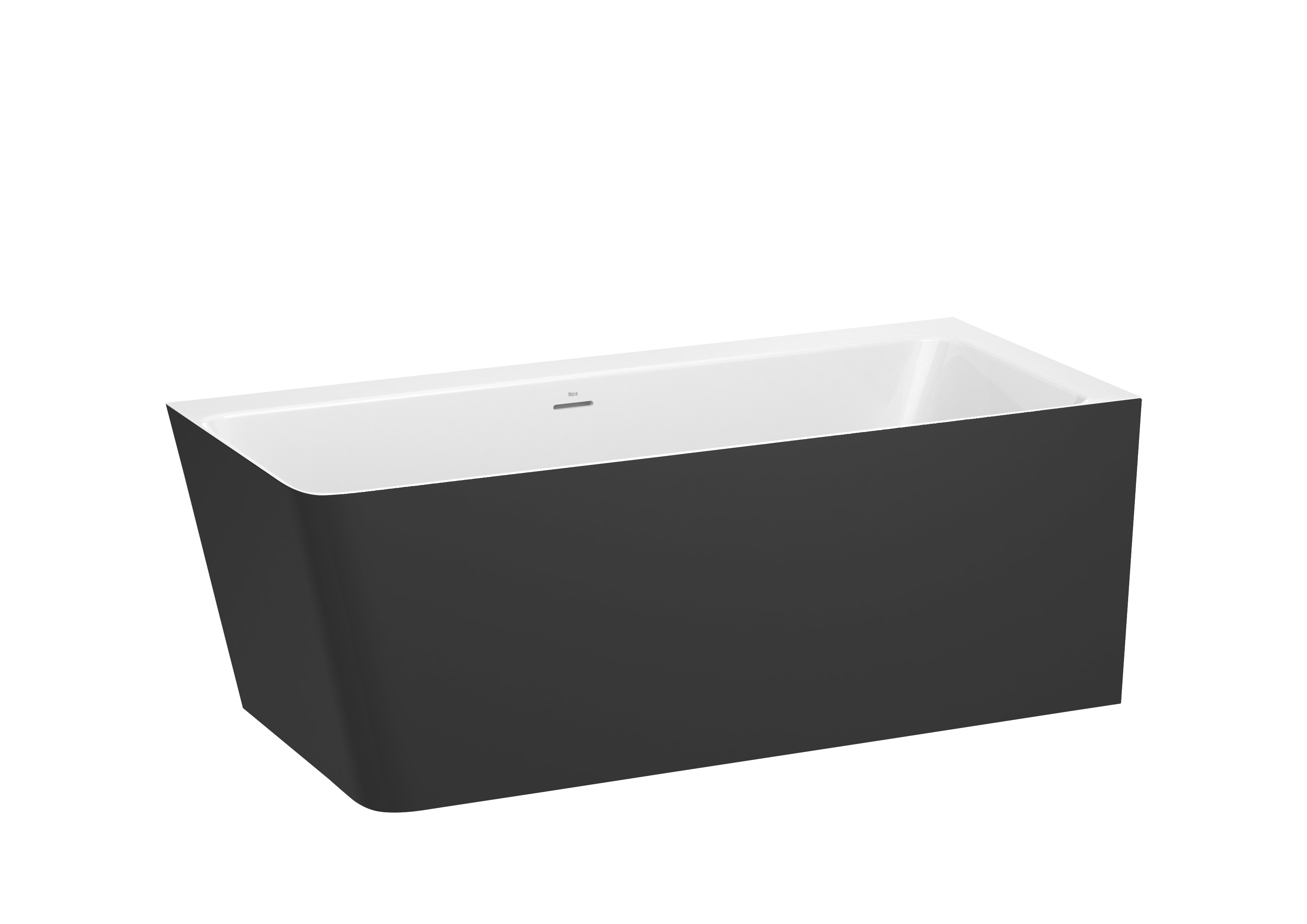 Asymmetric right corner Stonex® bathtub with panels. Includes click-clack drain
