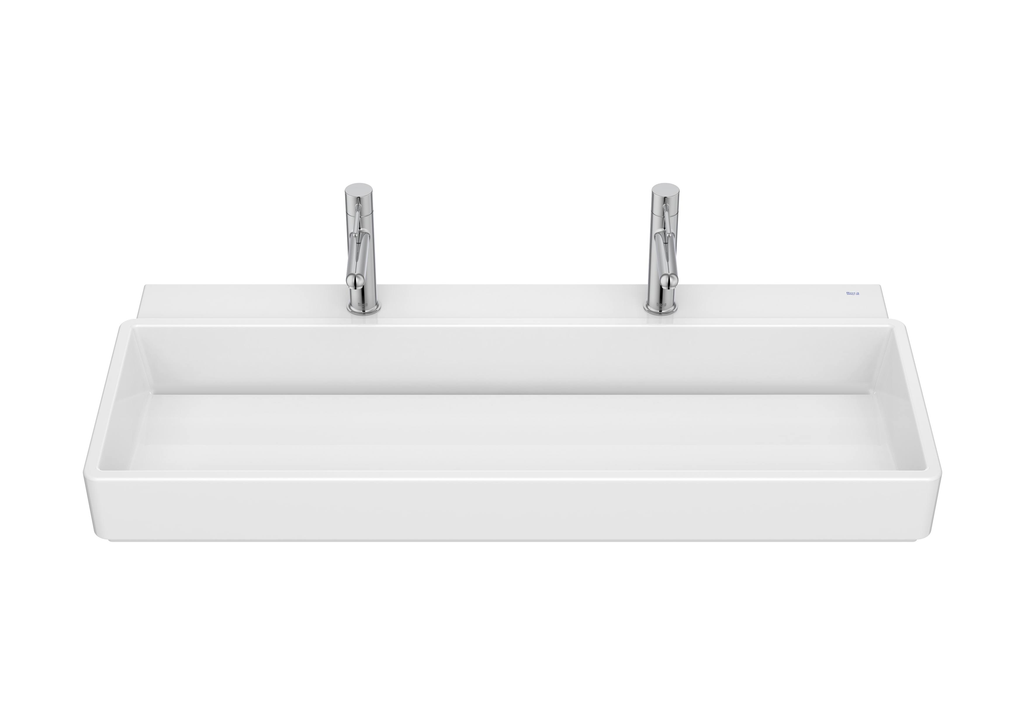 Wall-hung double basin in vitreous china with two tapholes (single bowl) - White