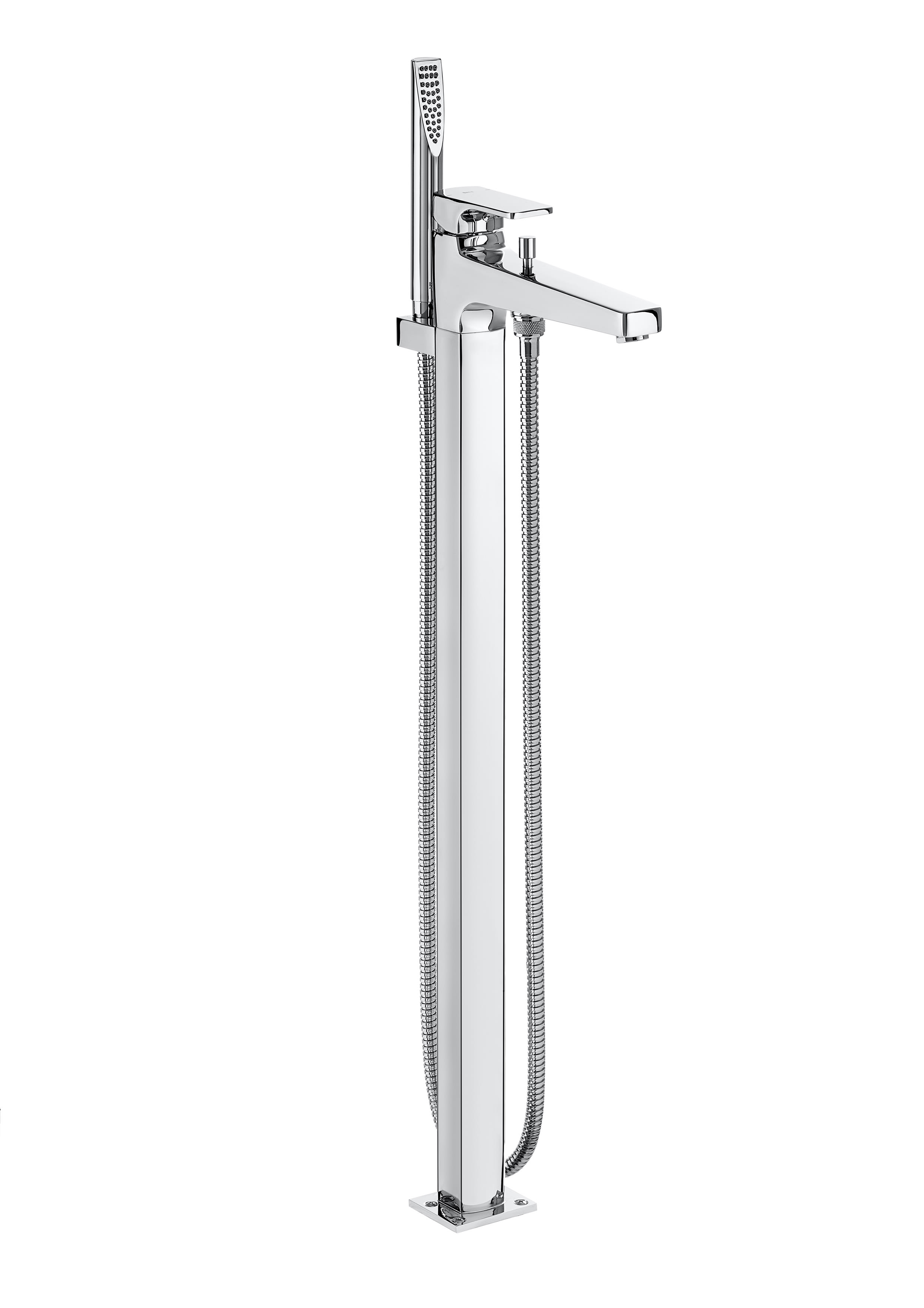 Floorstanding single-lever bath-shower mixer with automatic diverter, hand-shower, integrated shower bracket and 1,50 m. flexible hose.