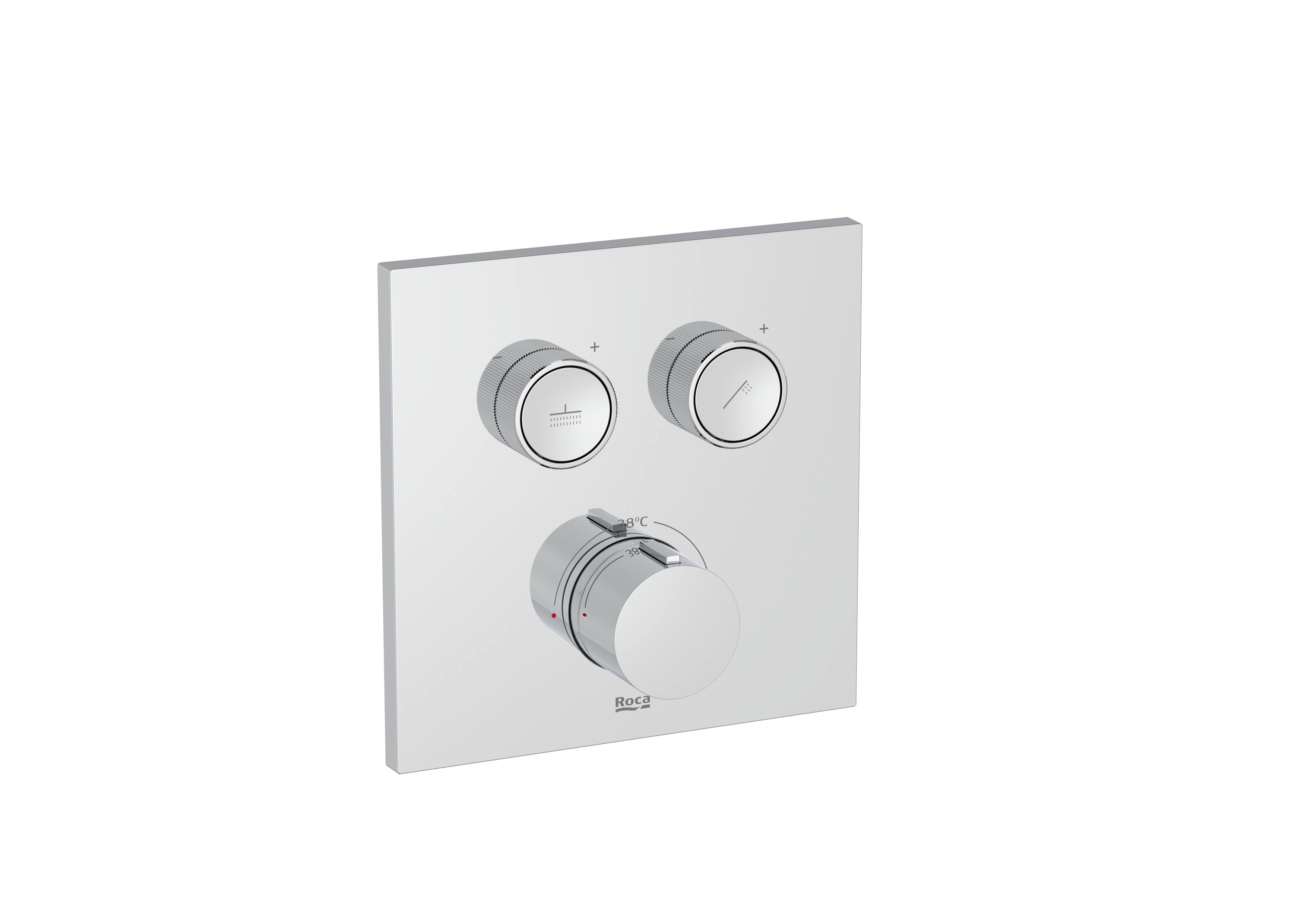 Square. Built-in thermostatic bath-shower mixer with automatic diverter (2 ways). Includes the built-in subset and the trim plate. Complete set - Chrome