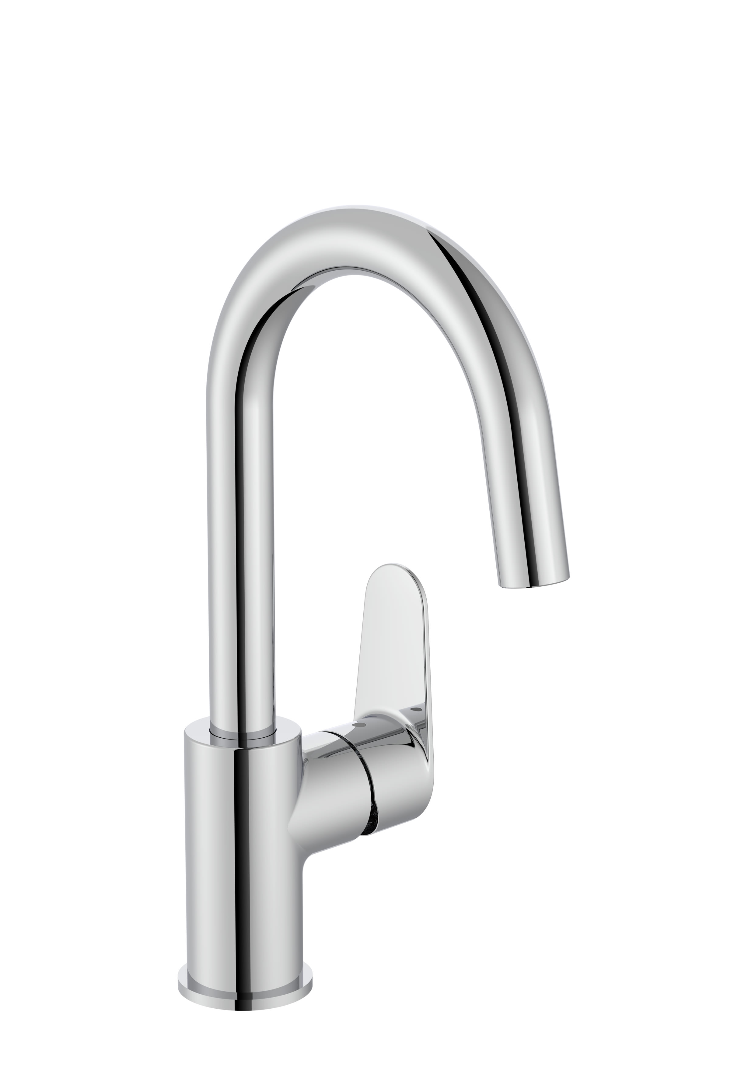 Basin mixer with lateral handle, smooth body with click-clack waste and flexible supply hoses. Cold Start. L-Size
