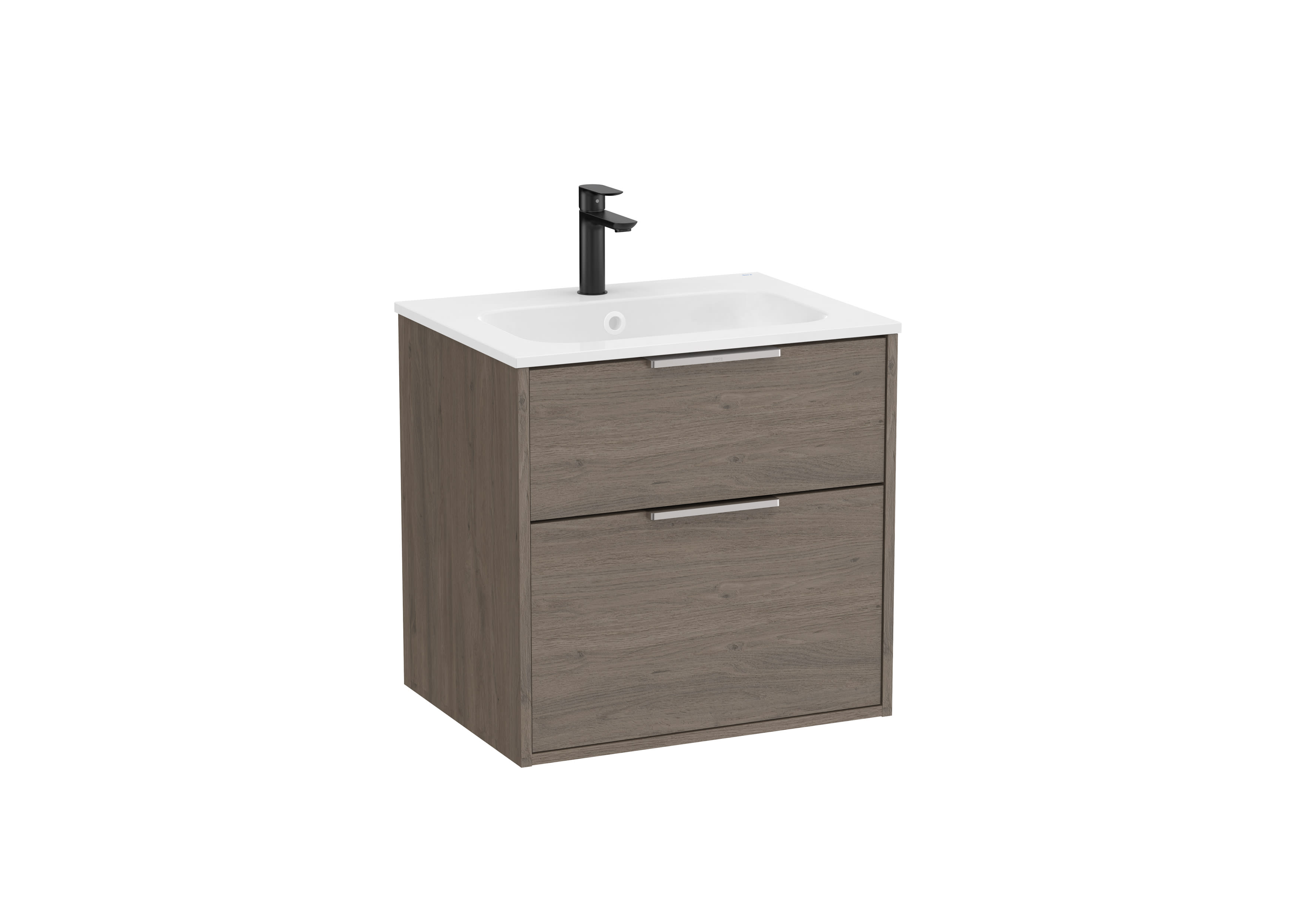 Wall Hung Vanity Unit with 2 Drawers and Ceramic Basin - Dark Oak