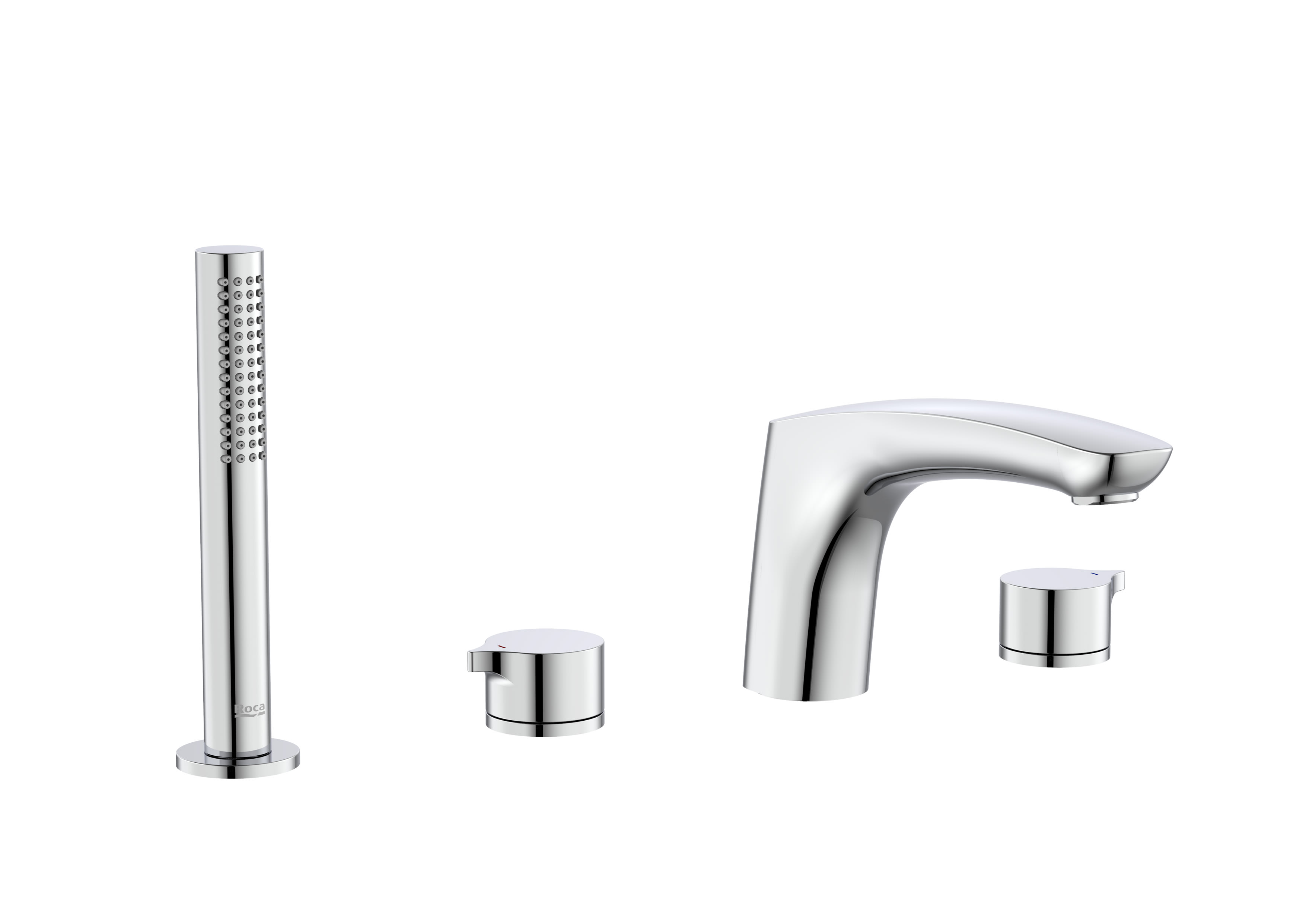 Deck-mounted bath-shower mixer with central spout, hand shower and 1,50m flexible hose