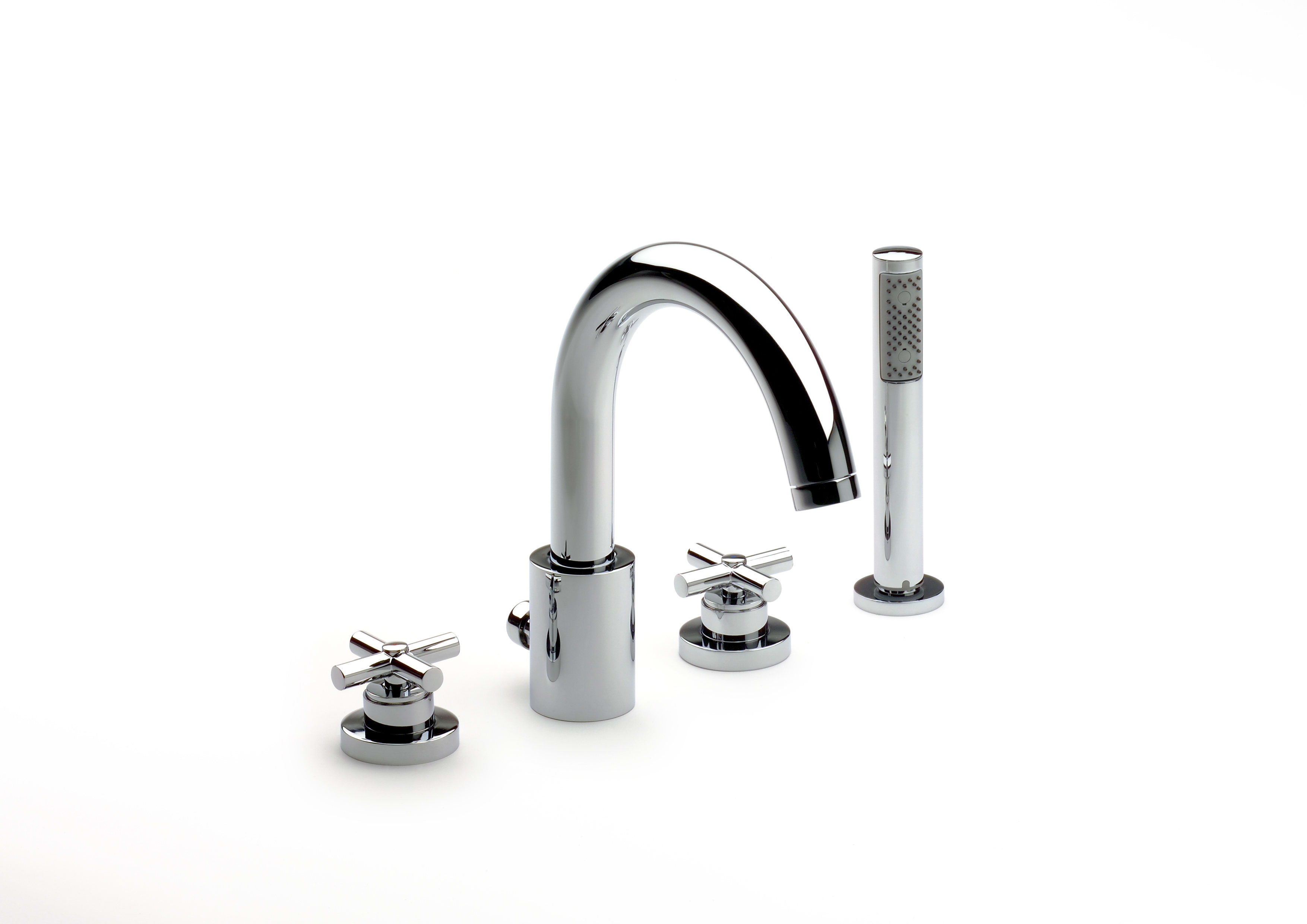 Deck-mounted 4-hole bath mixer with high central spout, bath-shower diverter, handshower and 1.75 m flexible shower hose