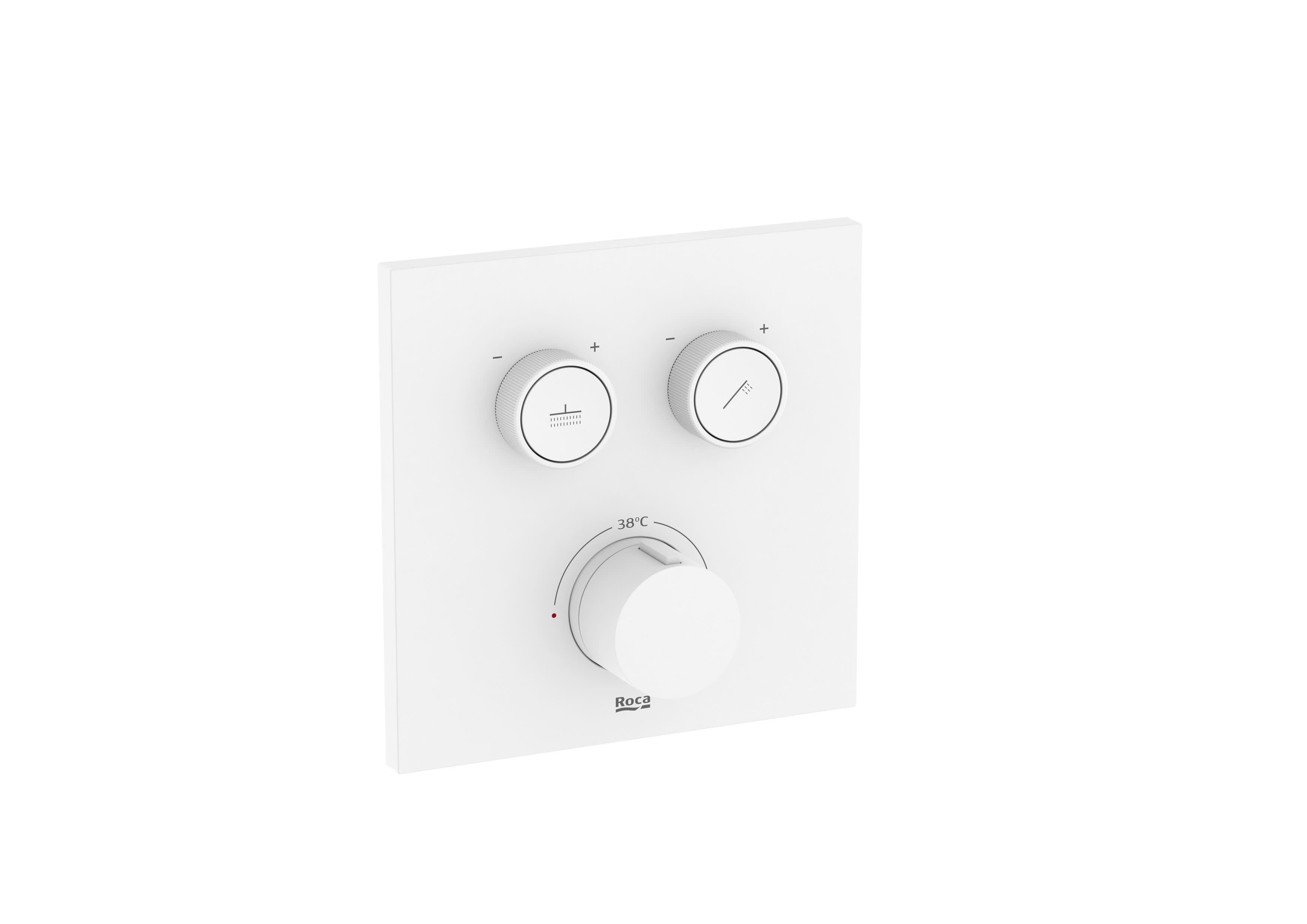Square. Built-in thermostatic bath-shower mixer with automatic diverter (2 ways). Includes the built-in subset and the trim plate. Complete set - Matt White