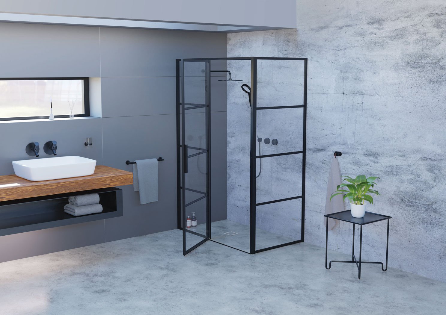 Impey Soho Black Wetroom Hinged Door With In-line Panel 1400mm - Right Hand