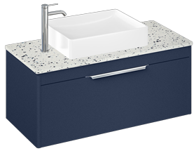 Shoreditch 1000mm Wall Hung Single Drawer Unit, Ice Blue Worktop and Quad Countertop Basin-Matt Blue
