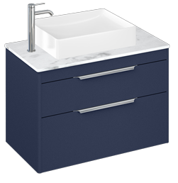 Shoreditch 850mm Wall Hung Double Drawer Unit, Carrara White Worktop and Quad Countertop Basin-Matt Blue