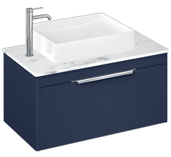 Shoreditch 850mm Wall Hung Single Drawer Unit, Carrara White Worktop and Quad Countertop Basin-Matt Blue