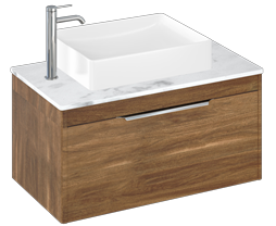 Shoreditch 850mm Wall Hung Single Drawer Unit, Carrara White Worktop and Quad Countertop Basin-Caramel