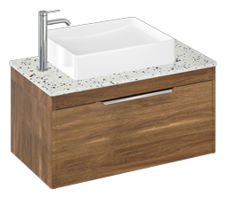 Shoreditch 850mm Wall Hung Single Drawer Unit, Ice Blue Worktop and Quad Countertop Basin-Caramel