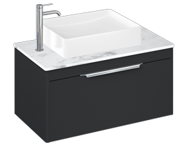 Shoreditch 850mm Wall Hung Single Drawer Unit, Carrara White Worktop and Quad Countertop Basin-Matt Grey