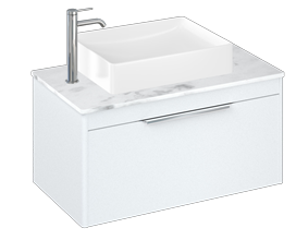 Shoreditch 850mm Wall Hung Single Drawer Unit, Carrara White Worktop and Quad Countertop Basin-Matt White