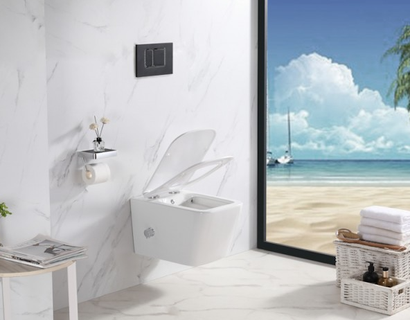  Square rimless wall hung pan with pre-installed bidet mixing valve + seat 