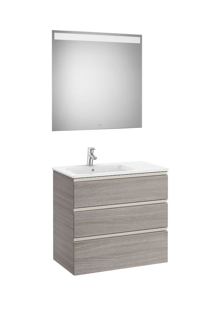 Roca - Pack (base unit with three drawers, left hand basin and LED mirror) CITY OAK