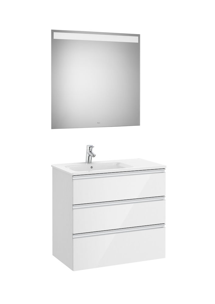 Roca - Pack (base unit with three drawers, left hand basin and LED mirror)-GLOSS WHITE